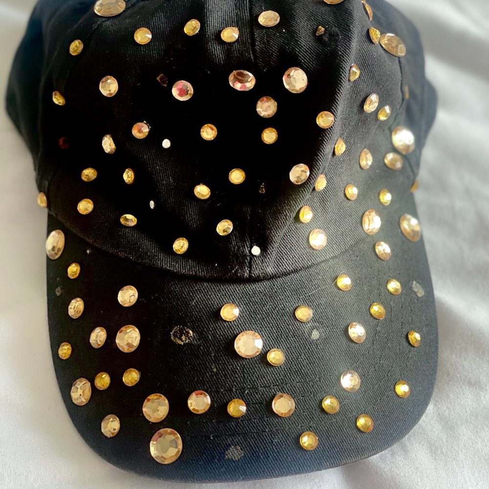 Gold Jeweled Rhinestones on Black Cap